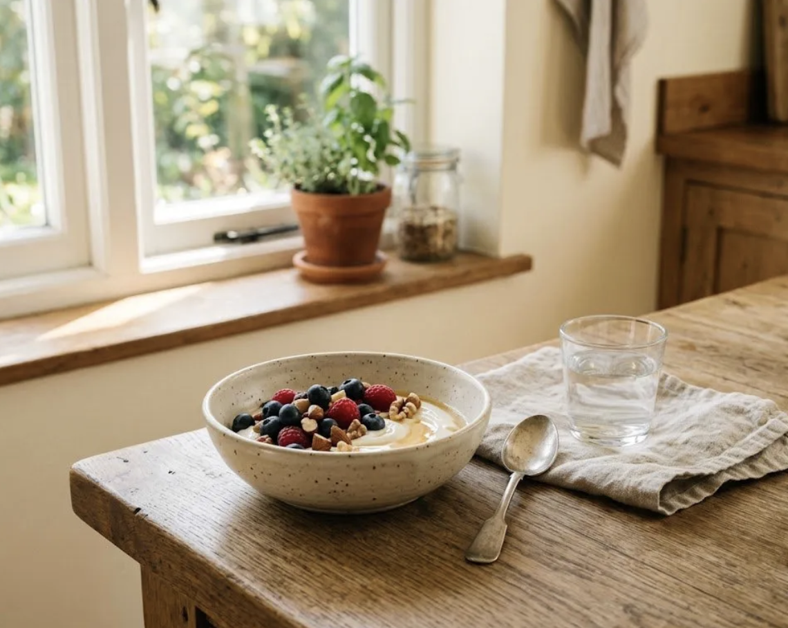 Ceramic bowl of yogurt with berries and nuts on a warm wooden counter beside a glass of water