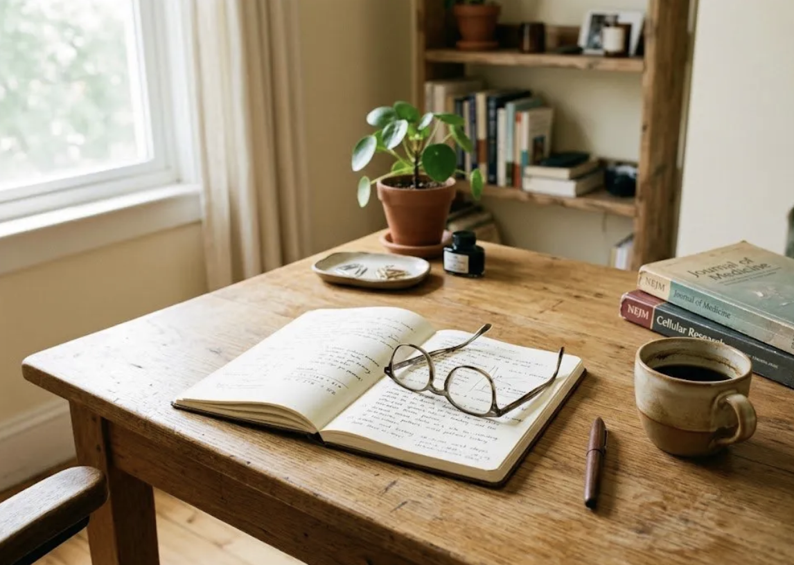 Open notebook with reading glasses, coffee mug and medical journals on a warm wooden desk