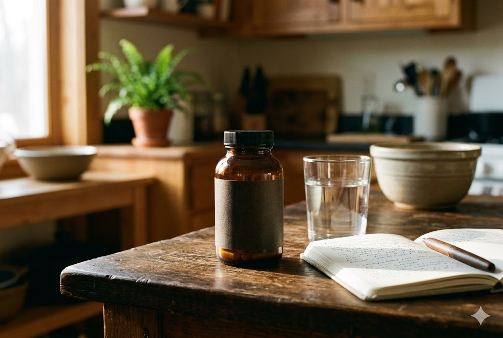 A supplement bottle, glass of water, and open notebook on a kitchen counter