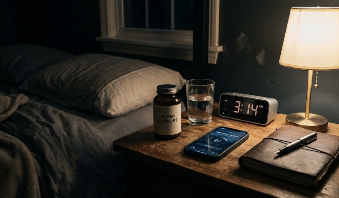 Nightstand still life at 3:14 AM: alarm clock, a 'Sleep Support' supplement bottle, a glass of water, a phone showing a relaxation app, a journal with pen, and a softly lit bedside lamp — symbolizing wired-but-tired nights