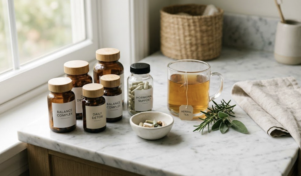 Wellness apothecary still life on a marble counter: amber glass supplement bottles labeled 'Balance Complex,' 'Daily Detox,' and 'Hormonal Support,' a clear mug of herbal tea, and sprigs of rosemary and sage — symbolizing the search for hormonal balance