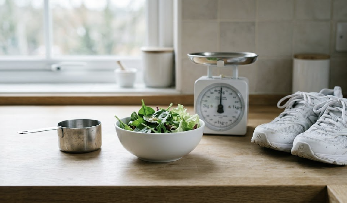 Still life on a kitchen counter showing a small measuring cup, a bowl of leafy salad greens, a vintage mechanical kitchen scale and a pair of white running shoes — symbolizing conventional diet-and-exercise culture