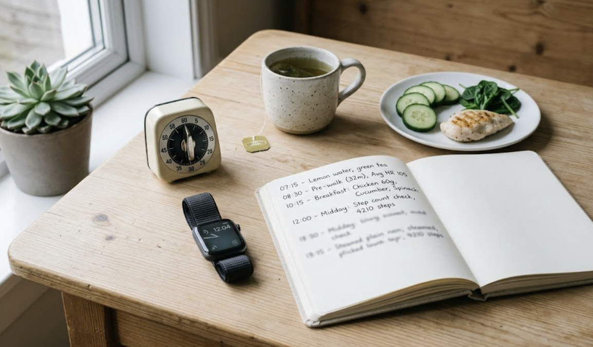 Tracking toolkit still life on a wooden desk: a fitness tracker watch, an analog kitchen timer, a detailed handwritten food and step log, a mug of green tea, and a minimalist plate of grilled chicken with cucumber and spinach — symbolizing meticulous effort that is not paying off