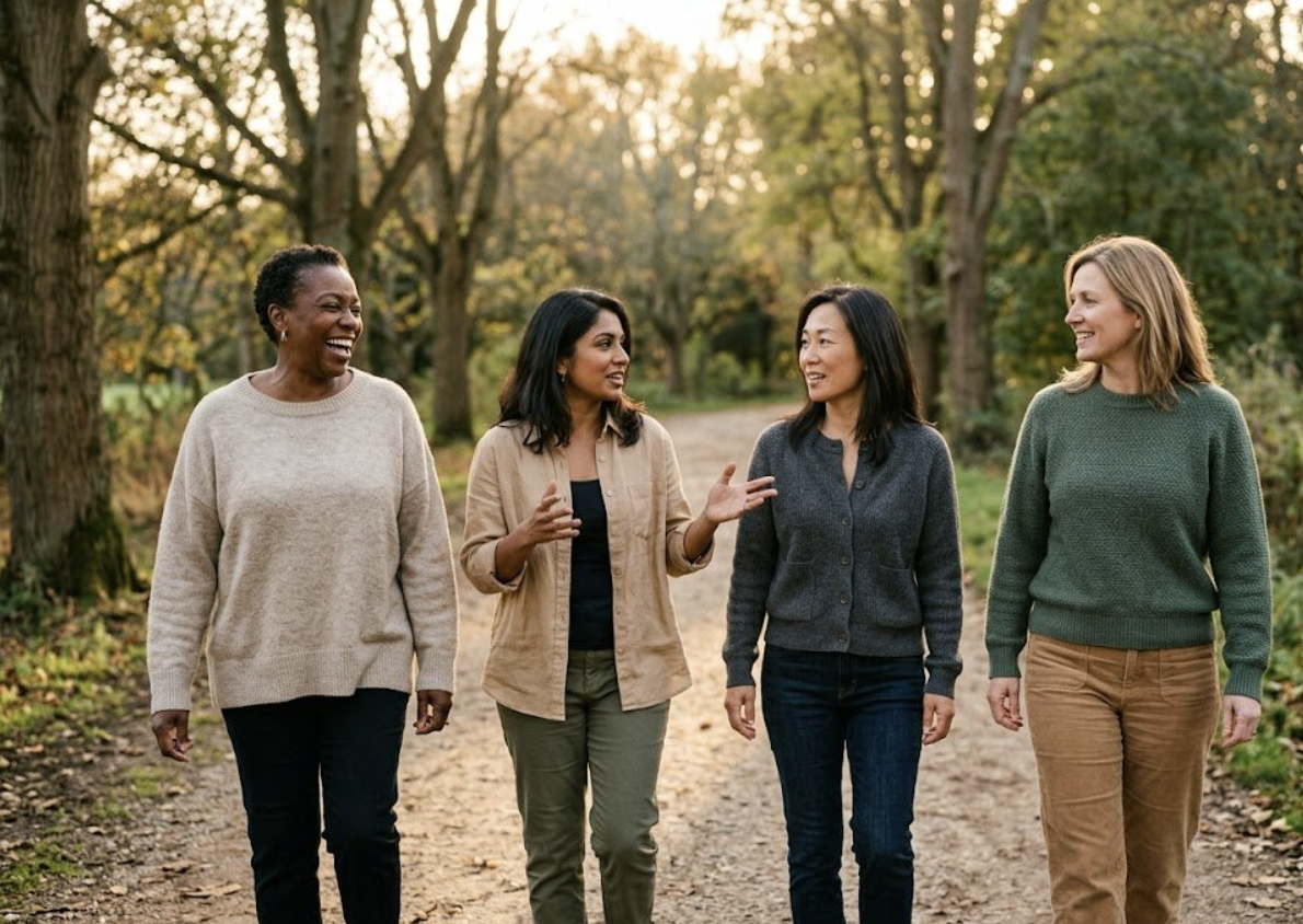 Four women of different ages and ethnicities walking and talking together on a park path in golden afternoon light.